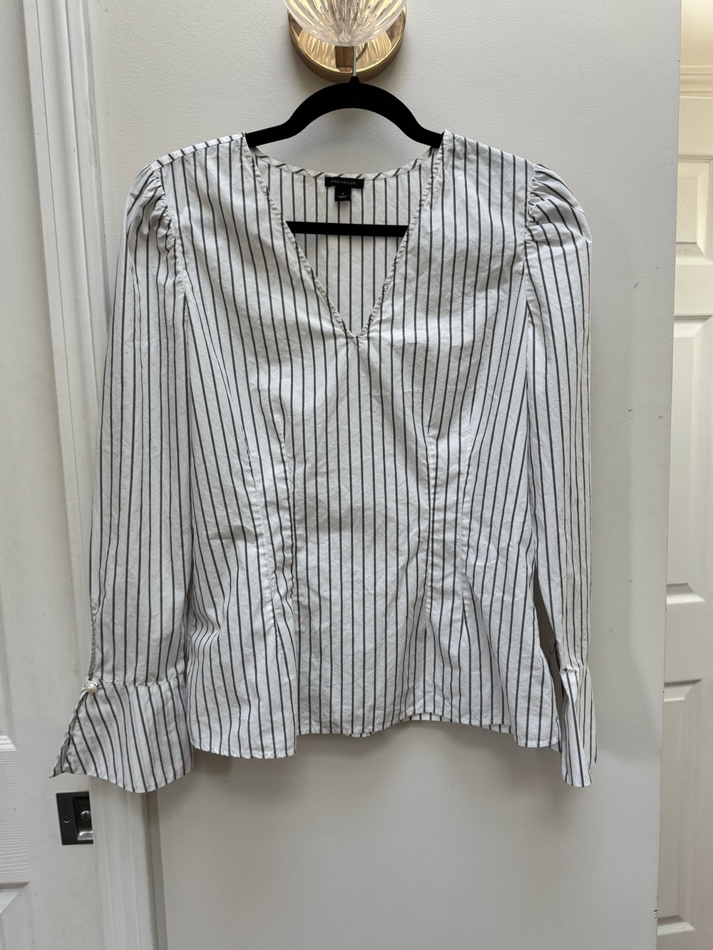 Ann Taylor White and Black Vertical Stripe V-Neck Blouse